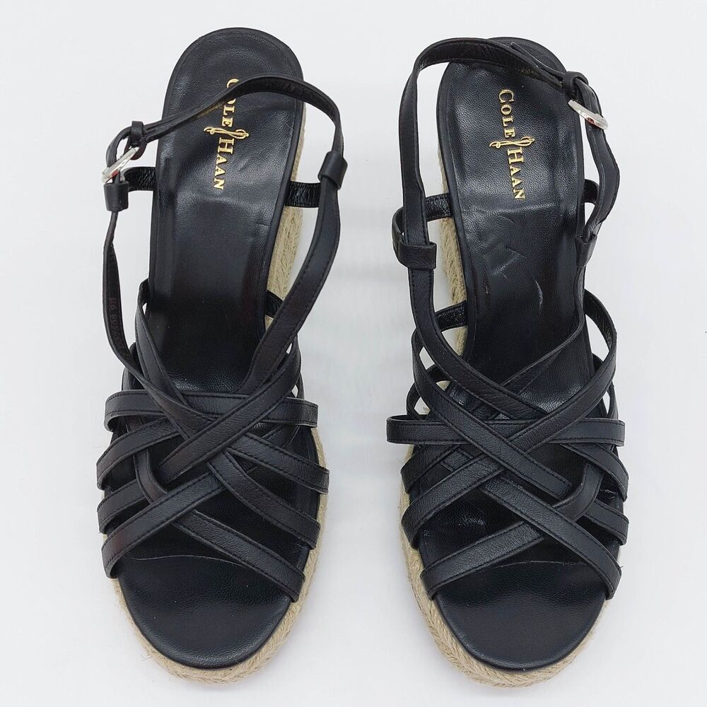 Cole Haan Womens Meadow Sandals Size 9B Black Strappy Slingback Wedge Espadrille